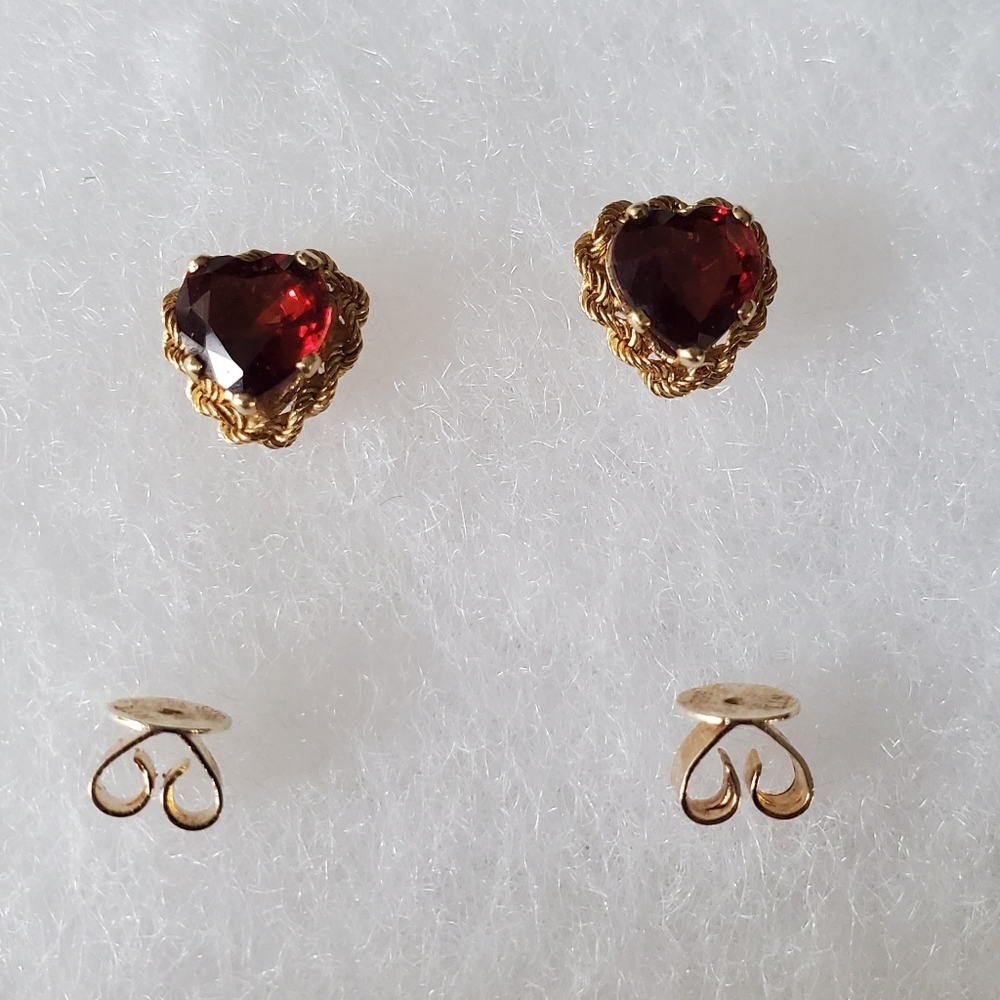 Garnet earrings ~ heart shaped wrapped in braided gold